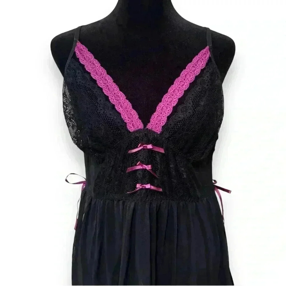NWT Adore me Black and Purple Mesh Side Slit Babydoll Nightie with Black Panties - Picture 10 of 12